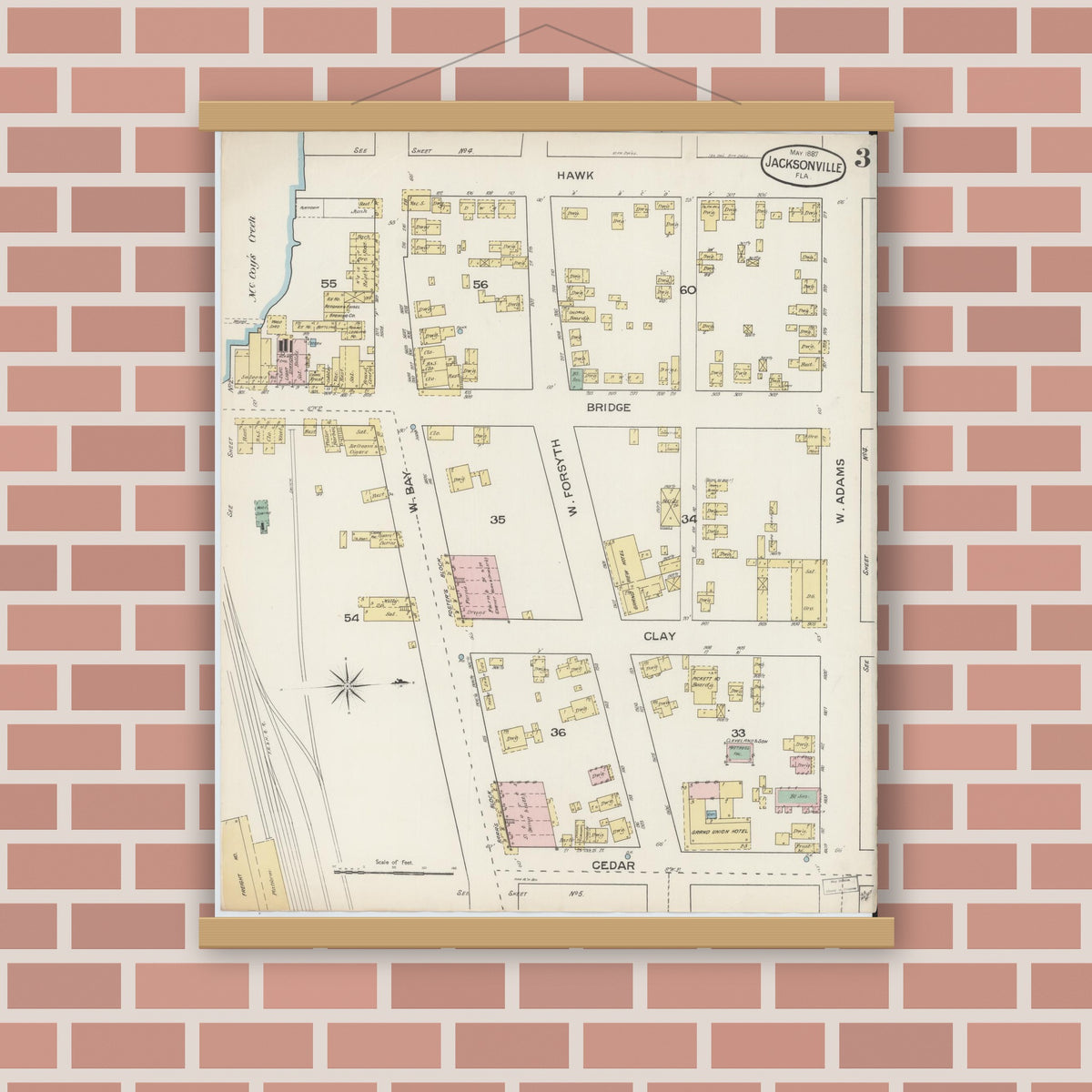 Old map wall art mockup — magnetic wood frame on brick wall — Sanborn Fire Insurance Map from Jacksonville, Duval County, Florida (1887), Sheet #0003