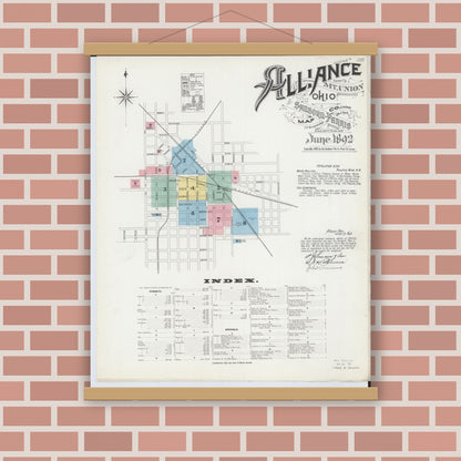 Old map wall art mockup — magnetic wood frame on brick wall — Sanborn Fire Insurance Map from Alliance, Stark County, Ohio (1892), Sheet #0001