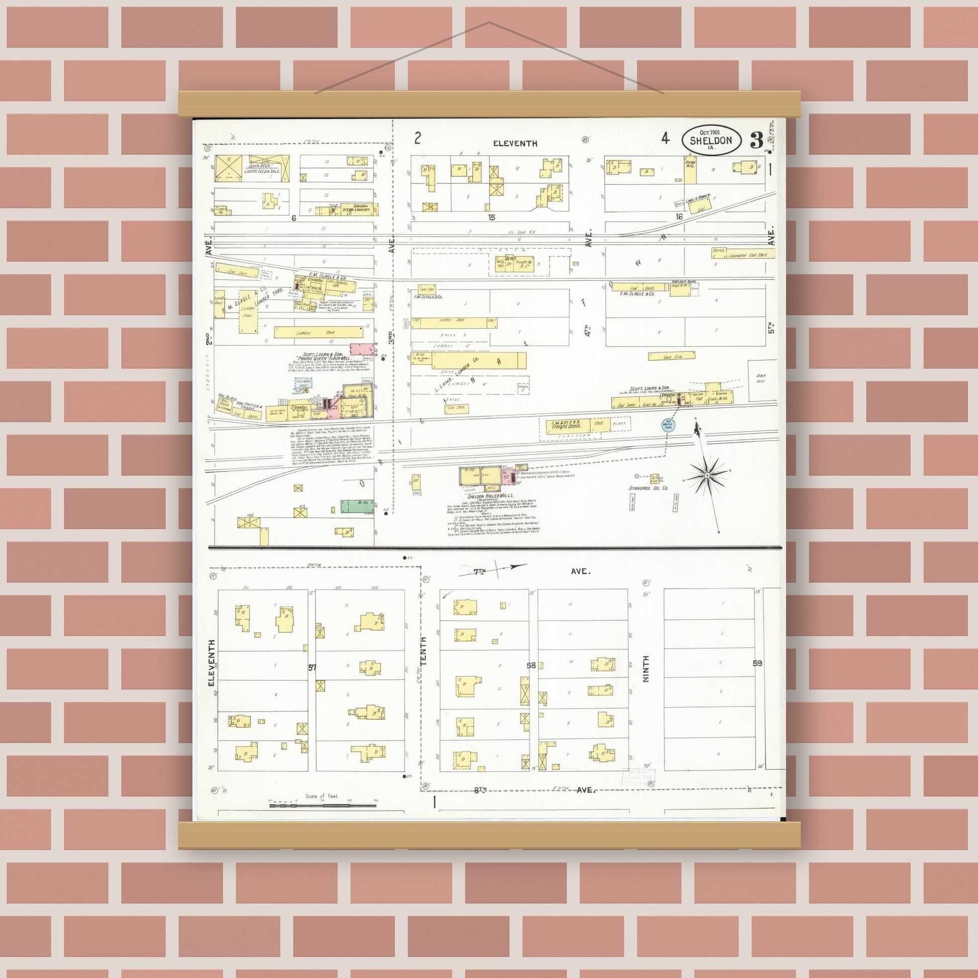 Old map wall art mockup — magnetic wood frame on brick wall — Sanborn Fire Insurance Map from Sheldon, O'Brien County, Iowa (1901), Sheet #0003