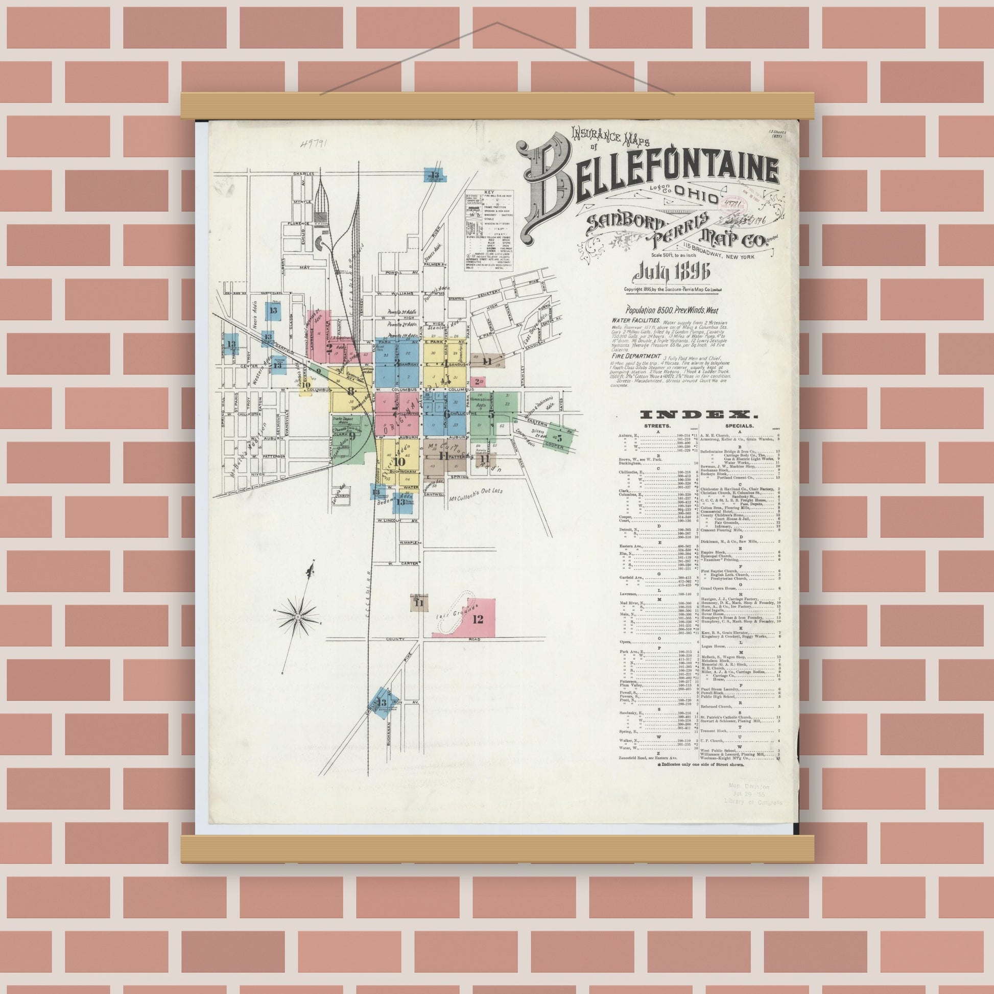 Old map wall art mockup — magnetic wood frame on brick wall — Sanborn Fire Insurance Map from Bellefontaine, Logan County, Ohio (1896), Sheet #0001