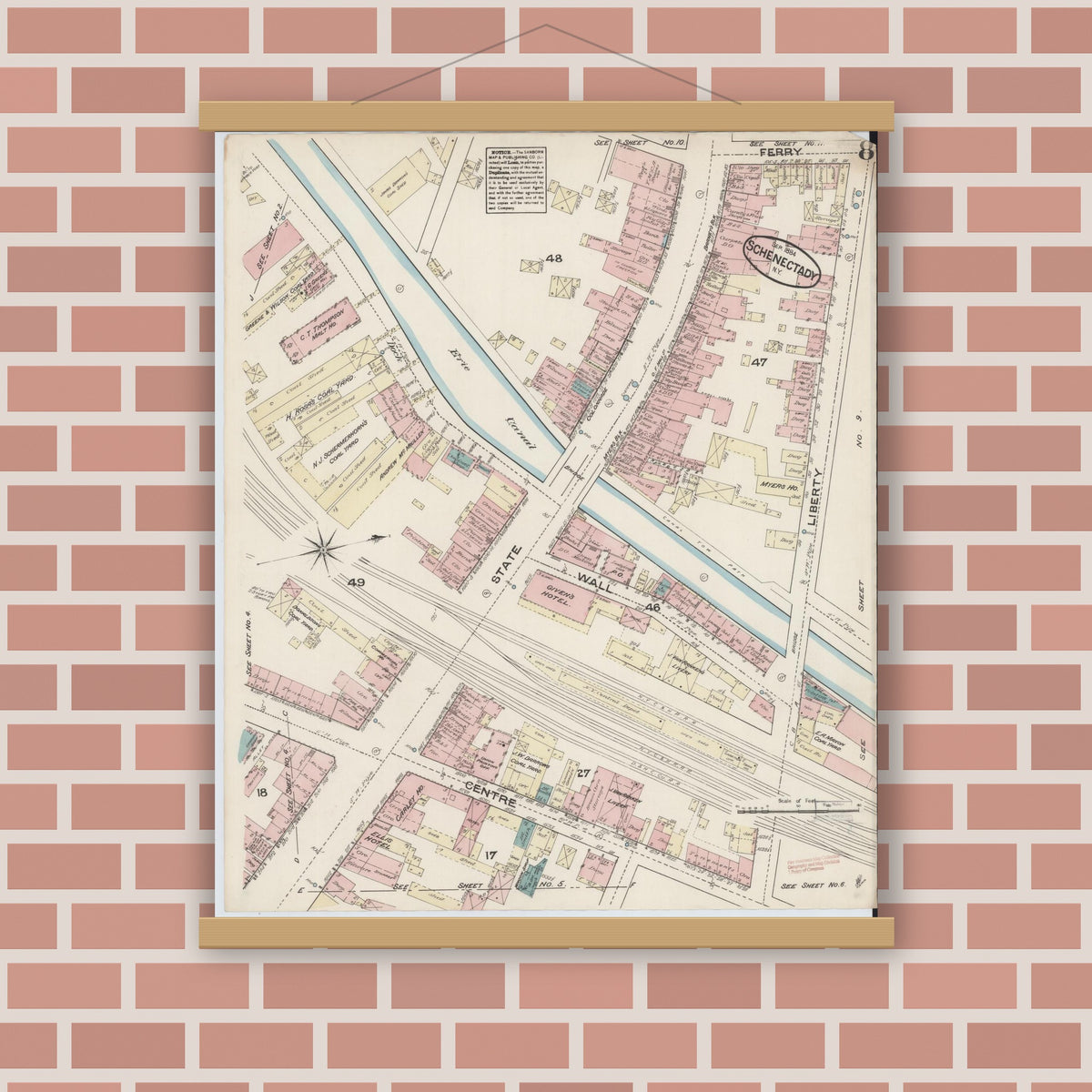 Old map wall art mockup — magnetic wood frame on brick wall — Sanborn Fire Insurance Map from Schenectady, Schenectady County, New York (1884), Sheet #0008