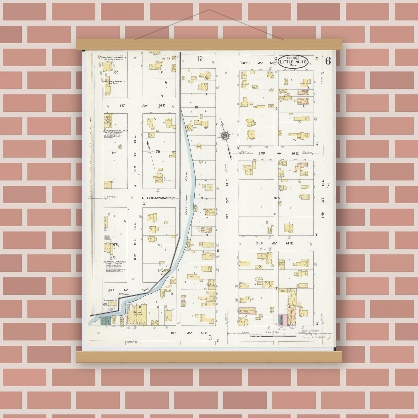 Old map wall art mockup — magnetic wood frame on brick wall — Sanborn Fire Insurance Map from Little Falls, Morrison County, Minnesota (1909), Sheet #0006