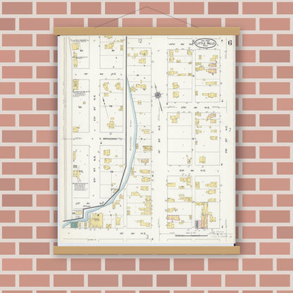 Old map wall art mockup — magnetic wood frame on brick wall — Sanborn Fire Insurance Map from Little Falls, Morrison County, Minnesota (1909), Sheet #0006