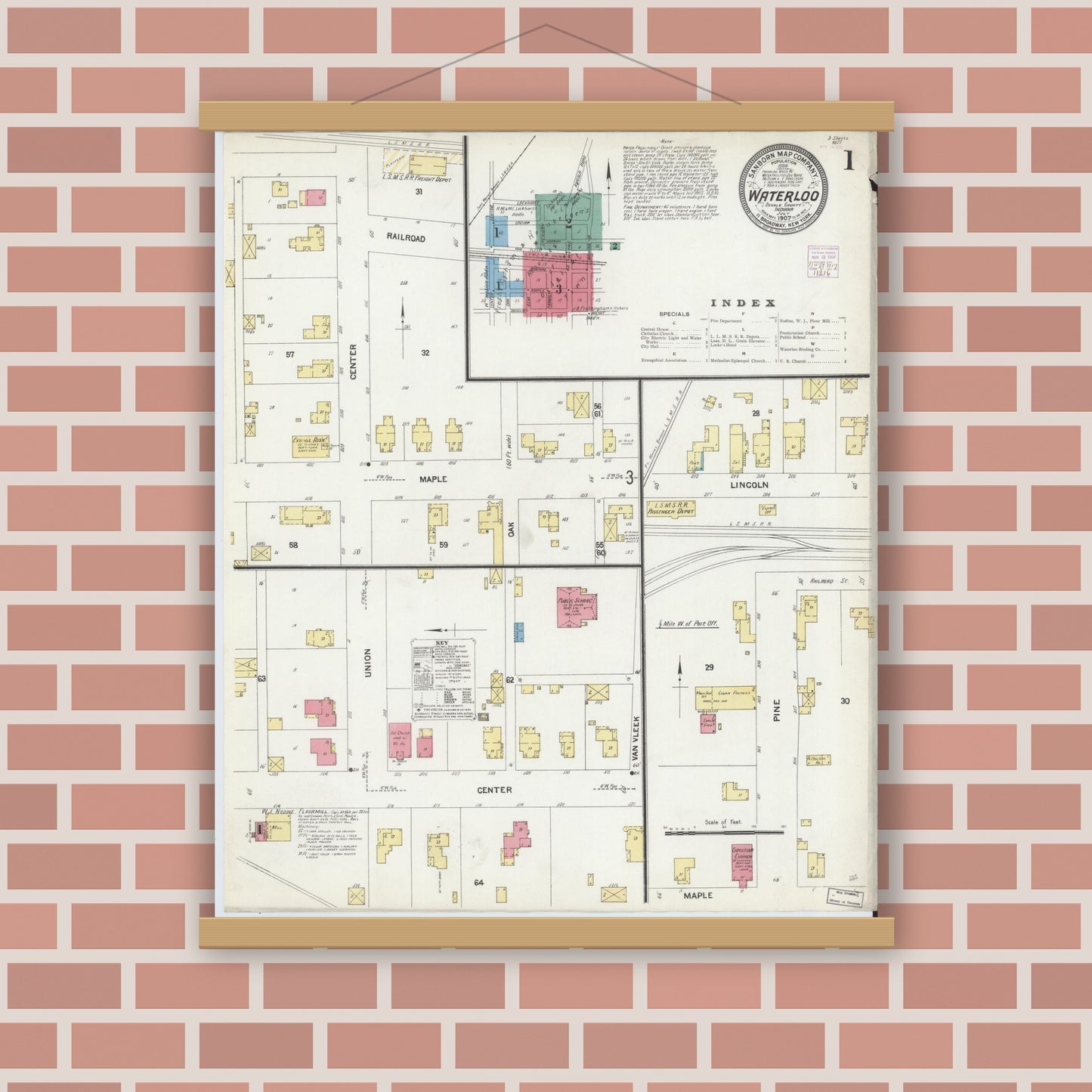 Old map wall art mockup — magnetic wood frame on brick wall — Sanborn Fire Insurance Map from Waterloo, De Kalb County, Indiana (1907) - Complete Map Set