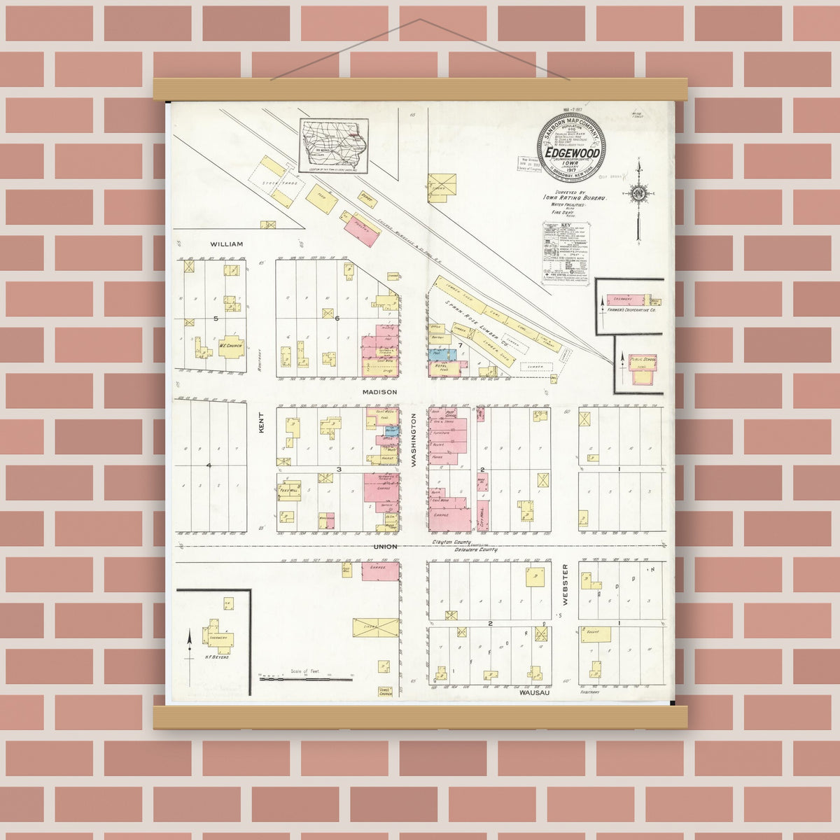 Old map wall art mockup — magnetic wood frame on brick wall — Sanborn Fire Insurance Map from Edgewood, Delaware and Clayton Counties, Iowa (1917), Sheet #0001