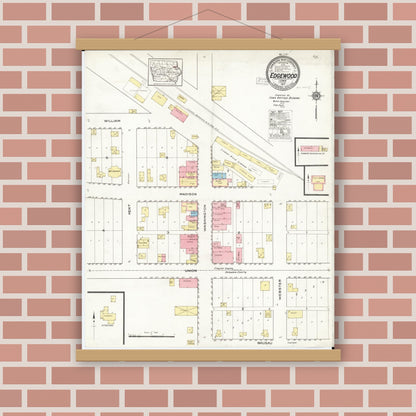 Old map wall art mockup — magnetic wood frame on brick wall — Sanborn Fire Insurance Map from Edgewood, Delaware and Clayton Counties, Iowa (1917), Sheet #0001