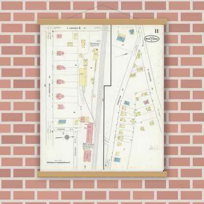 Old map wall art mockup — magnetic wood frame on brick wall — Sanborn Fire Insurance Map from Wayne, Delaware County, Pennsylvania (1914), Sheet #0011