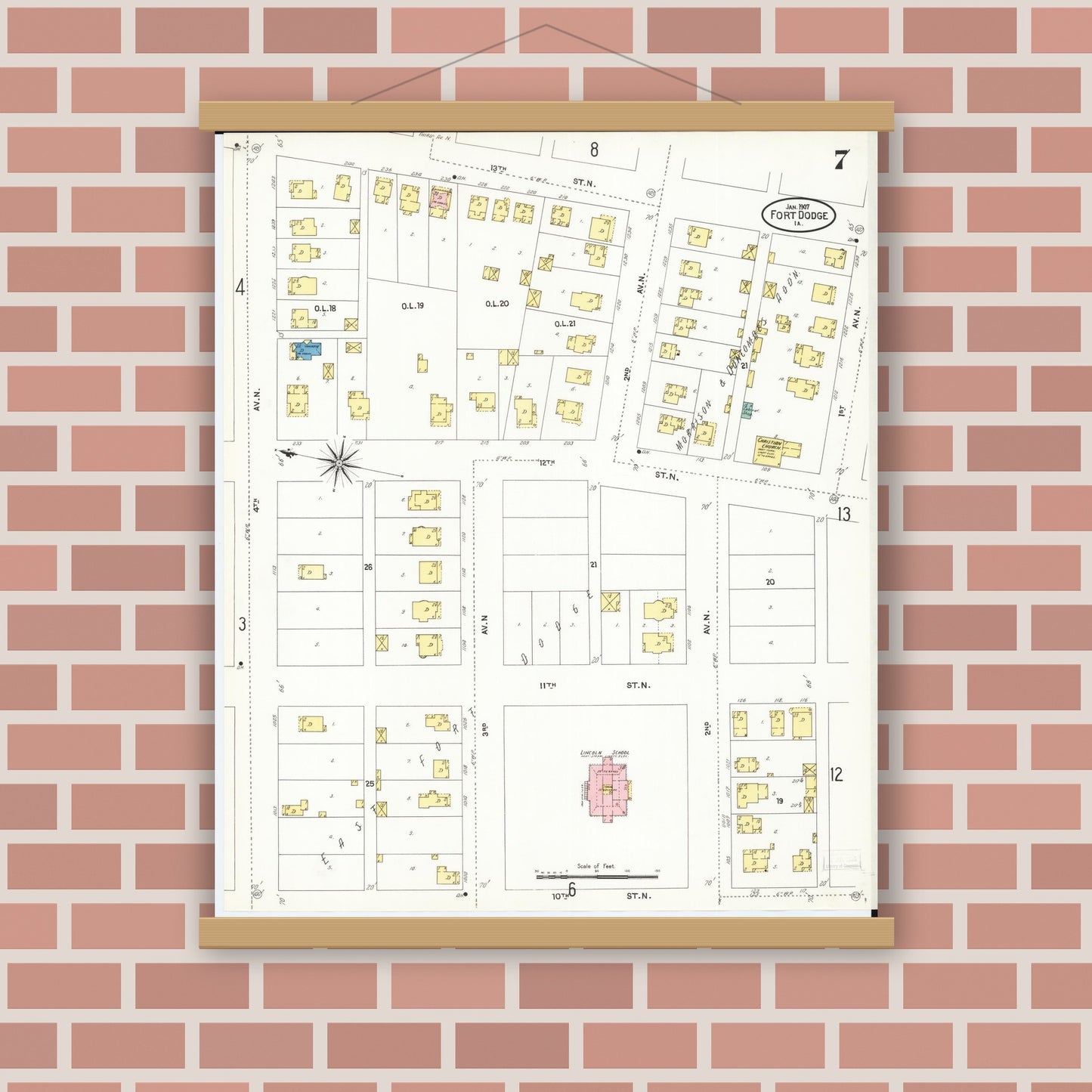 Old map wall art mockup — magnetic wood frame on brick wall — Sanborn Fire Insurance Map from Fort Dodge, Webster County, Iowa (1907), Sheet #0007