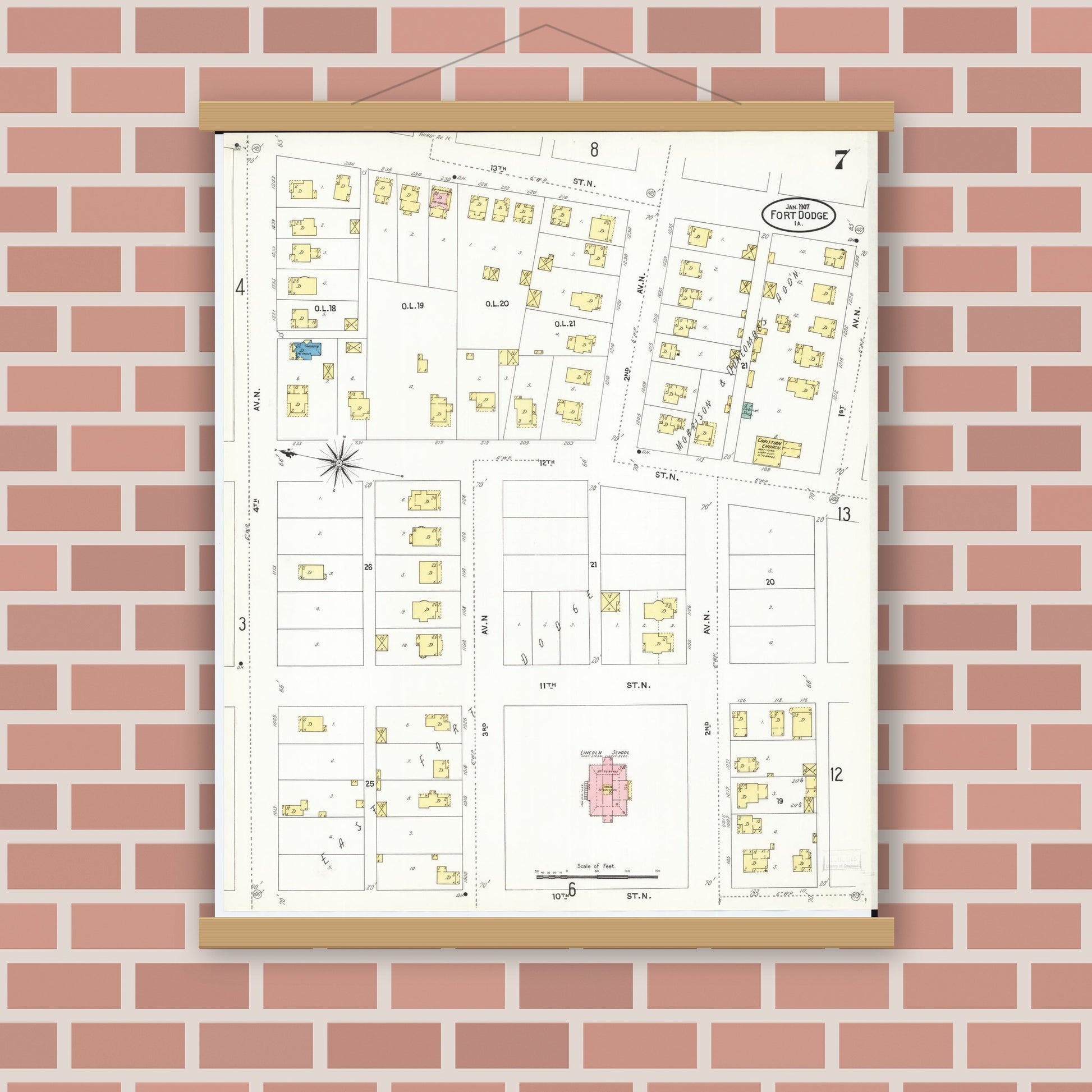Old map wall art mockup — magnetic wood frame on brick wall — Sanborn Fire Insurance Map from Fort Dodge, Webster County, Iowa (1907), Sheet #0007