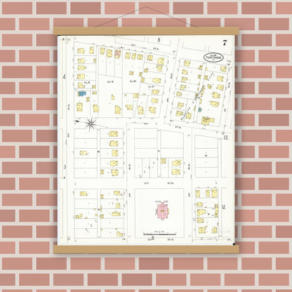 Old map wall art mockup — magnetic wood frame on brick wall — Sanborn Fire Insurance Map from Fort Dodge, Webster County, Iowa (1907), Sheet #0007