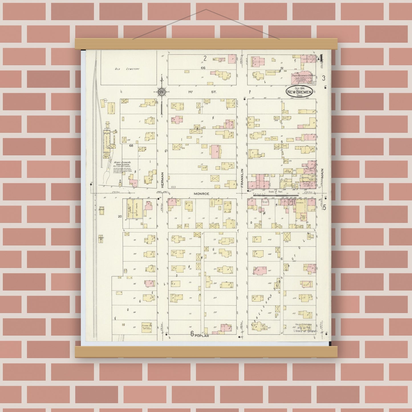 Old map wall art mockup — magnetic wood frame on brick wall — Sanborn Fire Insurance Map from New Bremen, Auglaize County, Ohio (1914), Sheet #0004