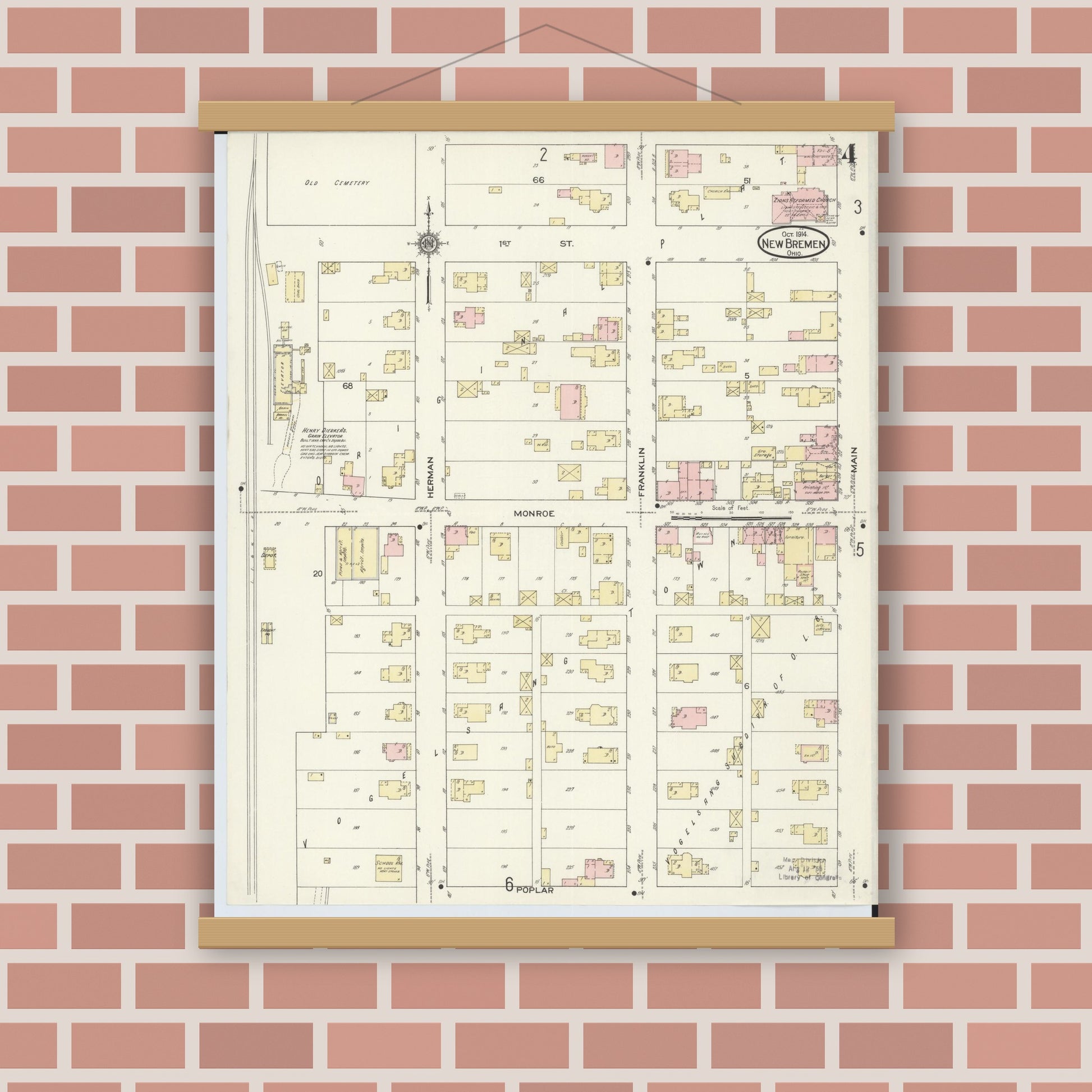 Old map wall art mockup — magnetic wood frame on brick wall — Sanborn Fire Insurance Map from New Bremen, Auglaize County, Ohio (1914), Sheet #0004