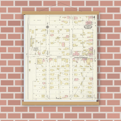 Old map wall art mockup — magnetic wood frame on brick wall — Sanborn Fire Insurance Map from New Bremen, Auglaize County, Ohio (1914), Sheet #0004