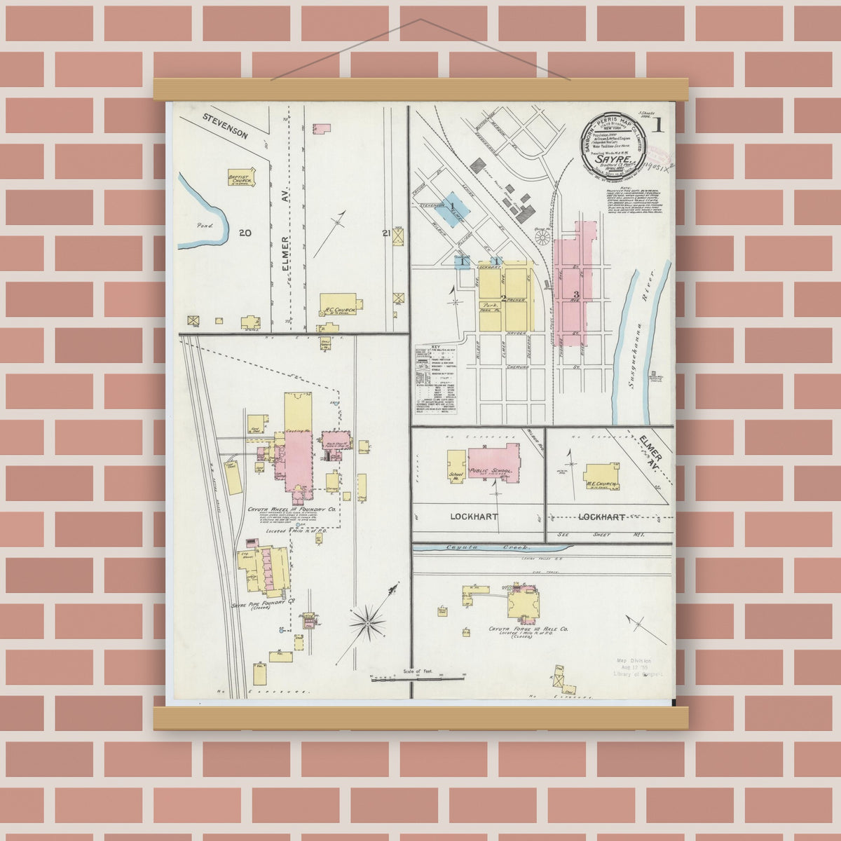 Old map wall art mockup — magnetic wood frame on brick wall — Sanborn Fire Insurance Map from Sayre, Bradford County, Pennsylvania (1892) - Complete Map Set