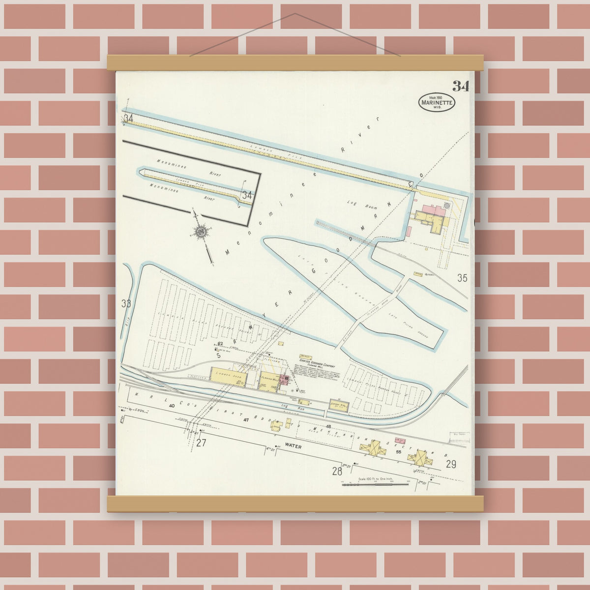 Old map wall art mockup — magnetic wood frame on brick wall — Sanborn Fire Insurance Map from Marinette, Marinette County, Wisconsin (1910), Sheet #0034