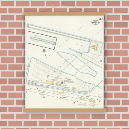 Old map wall art mockup — magnetic wood frame on brick wall — Sanborn Fire Insurance Map from Marinette, Marinette County, Wisconsin (1910), Sheet #0034