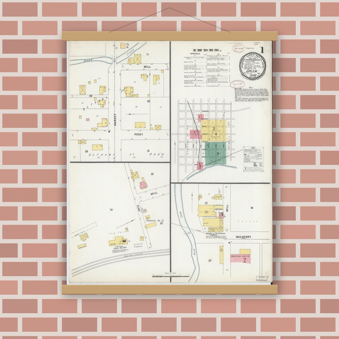 Old map wall art mockup — magnetic wood frame on brick wall — Sanborn Fire Insurance Map from Salem, Washington County, Indiana (1899) - Complete Map Set