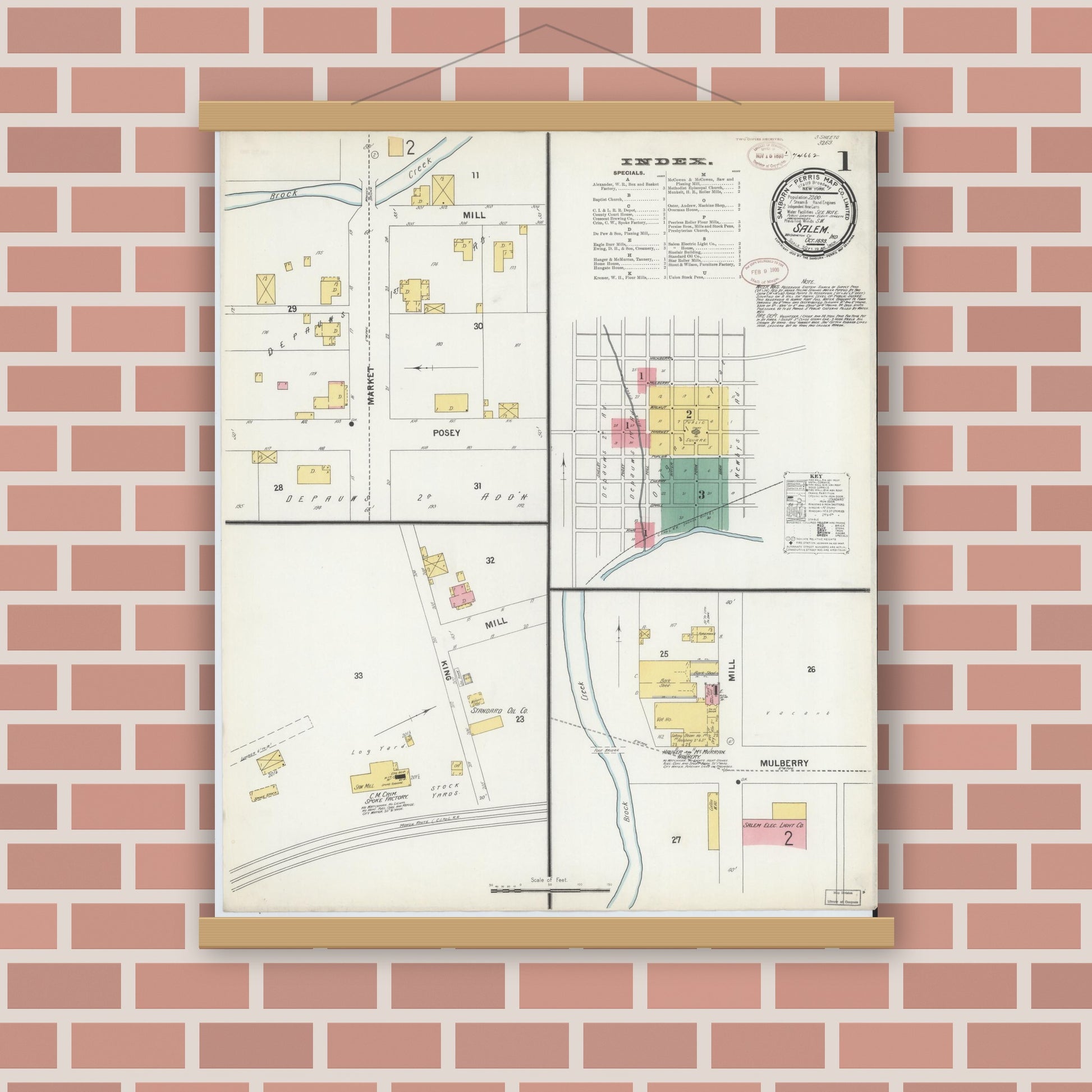 Old map wall art mockup — magnetic wood frame on brick wall — Sanborn Fire Insurance Map from Salem, Washington County, Indiana (1899) - Complete Map Set
