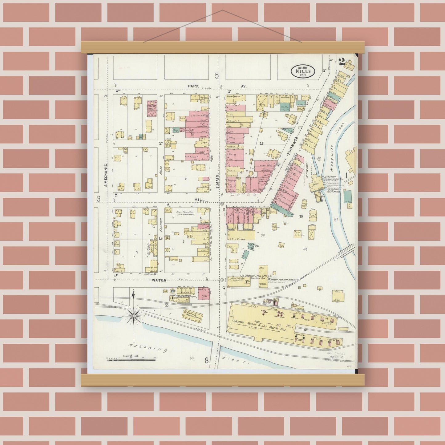 Old map wall art mockup — magnetic wood frame on brick wall — Sanborn Fire Insurance Map from Niles, Trumbull County, Ohio (1898), Sheet #0002