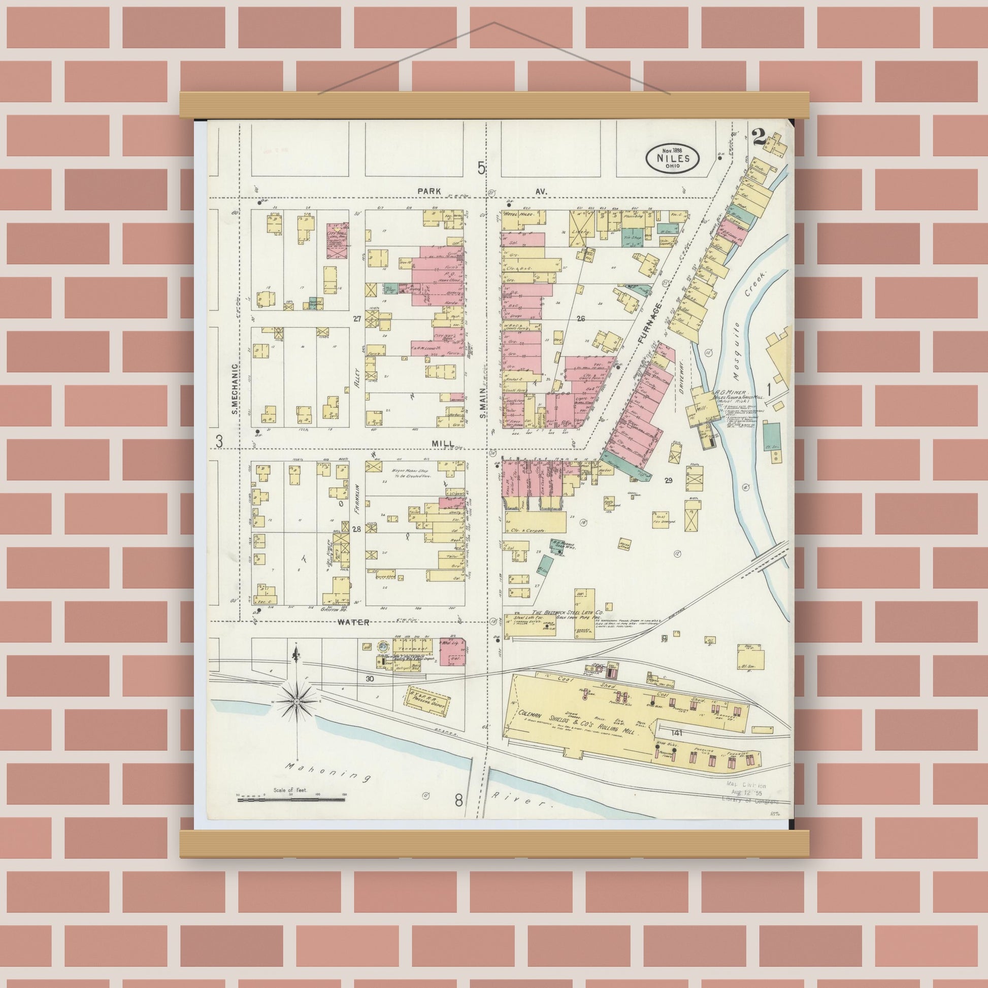 Old map wall art mockup — magnetic wood frame on brick wall — Sanborn Fire Insurance Map from Niles, Trumbull County, Ohio (1898), Sheet #0002