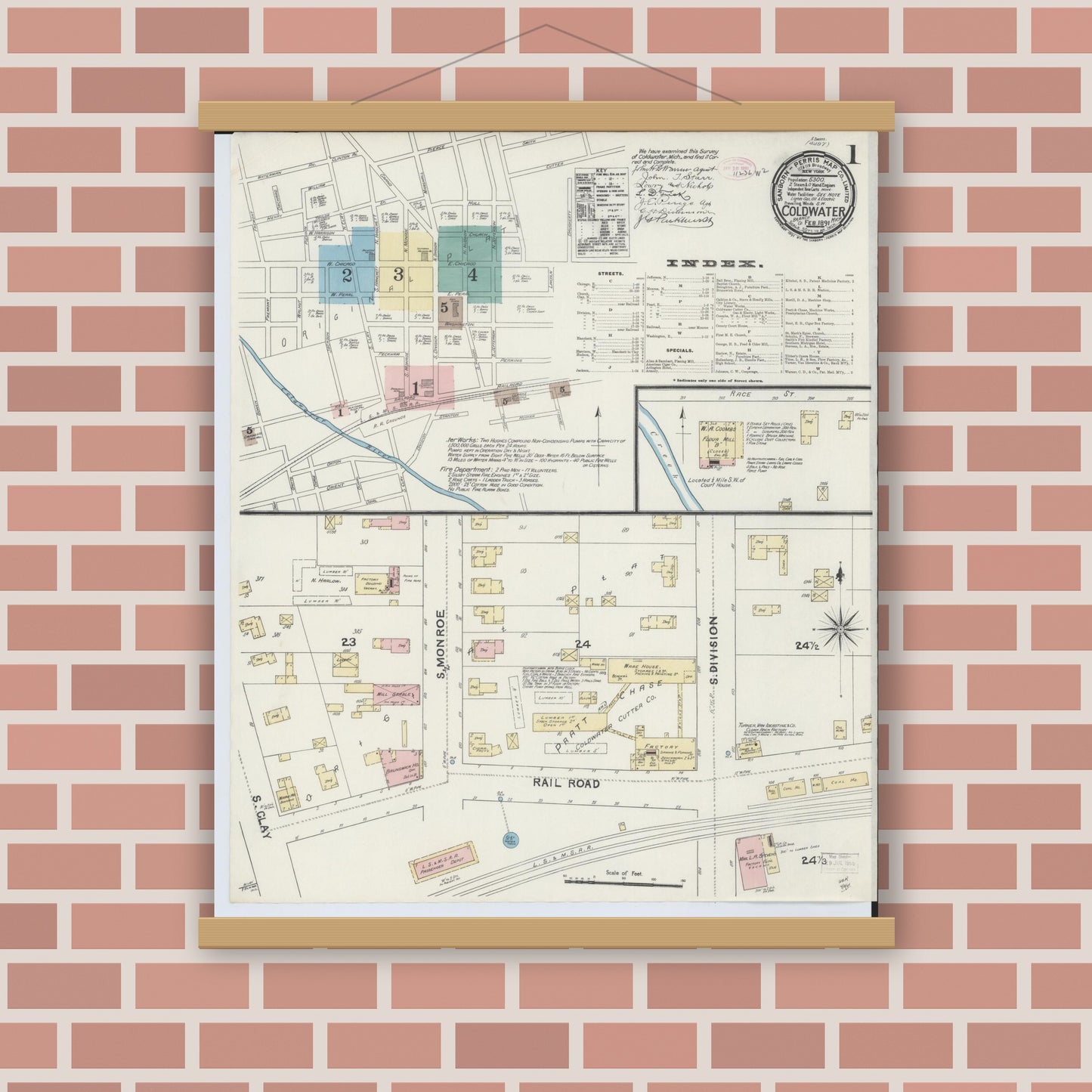 Old map wall art mockup — magnetic wood frame on brick wall — Sanborn Fire Insurance Map from Coldwater, Branch County, Michigan (1891) - Complete Map Set