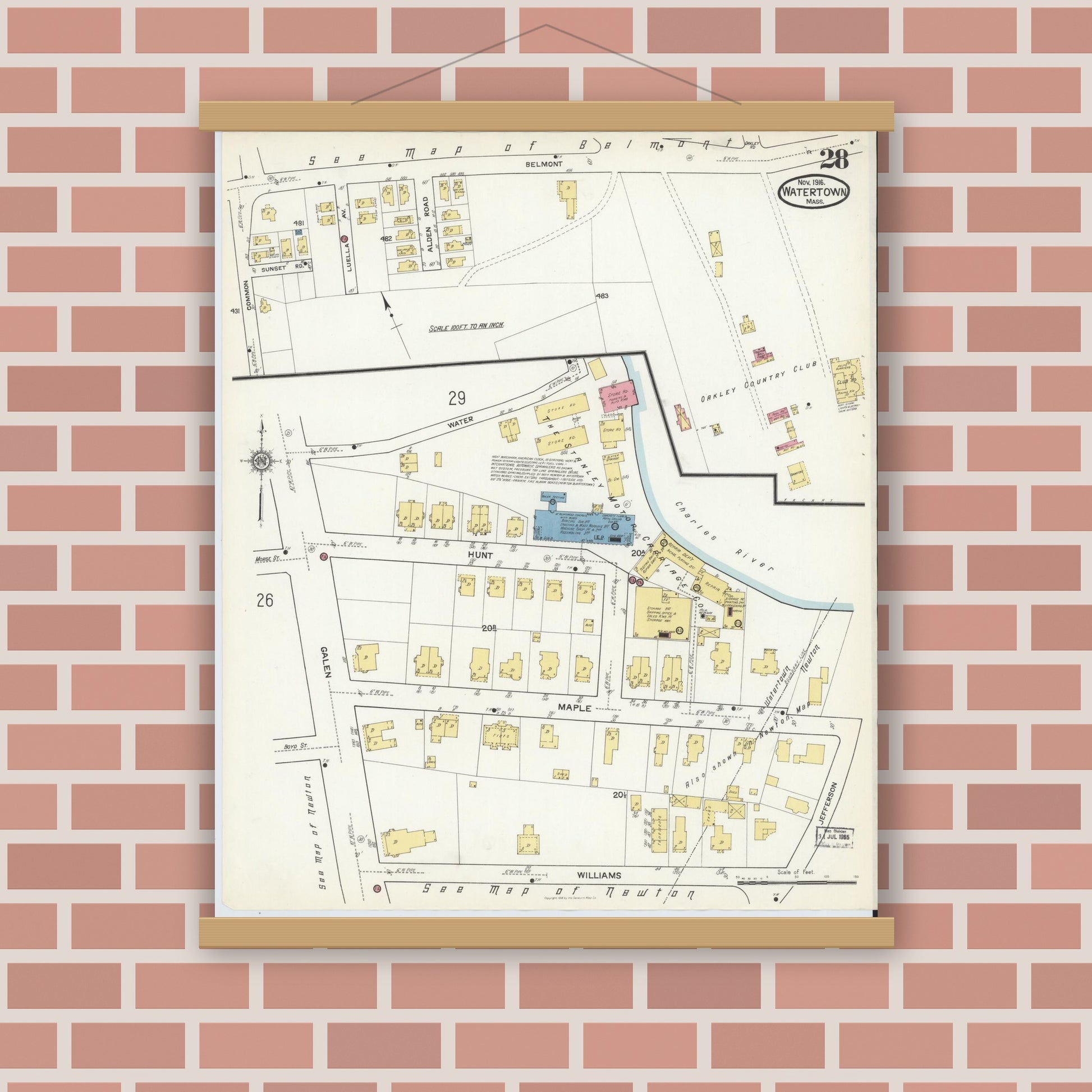 Old map wall art mockup — magnetic wood frame on brick wall — Sanborn Fire Insurance Map from Watertown, Middlesex County, Massachusetts (1916), Sheet #0028