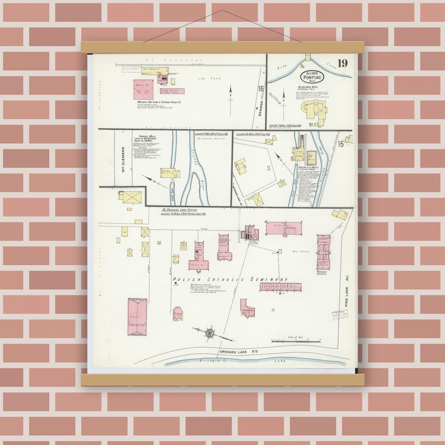 Old map wall art mockup — magnetic wood frame on brick wall — Sanborn Fire Insurance Map from Pontiac, Oakland County, Michigan (1909), Sheet #0019