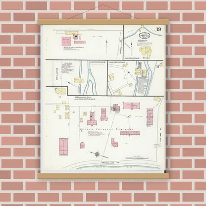 Old map wall art mockup — magnetic wood frame on brick wall — Sanborn Fire Insurance Map from Pontiac, Oakland County, Michigan (1909), Sheet #0019