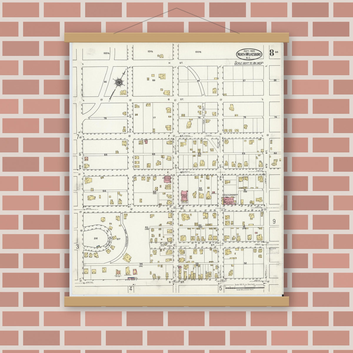 Old map wall art mockup — magnetic wood frame on brick wall — Sanborn Fire Insurance Map from North Wilkesboro, Wilkes County, North Carolina (1920), Sheet #0008