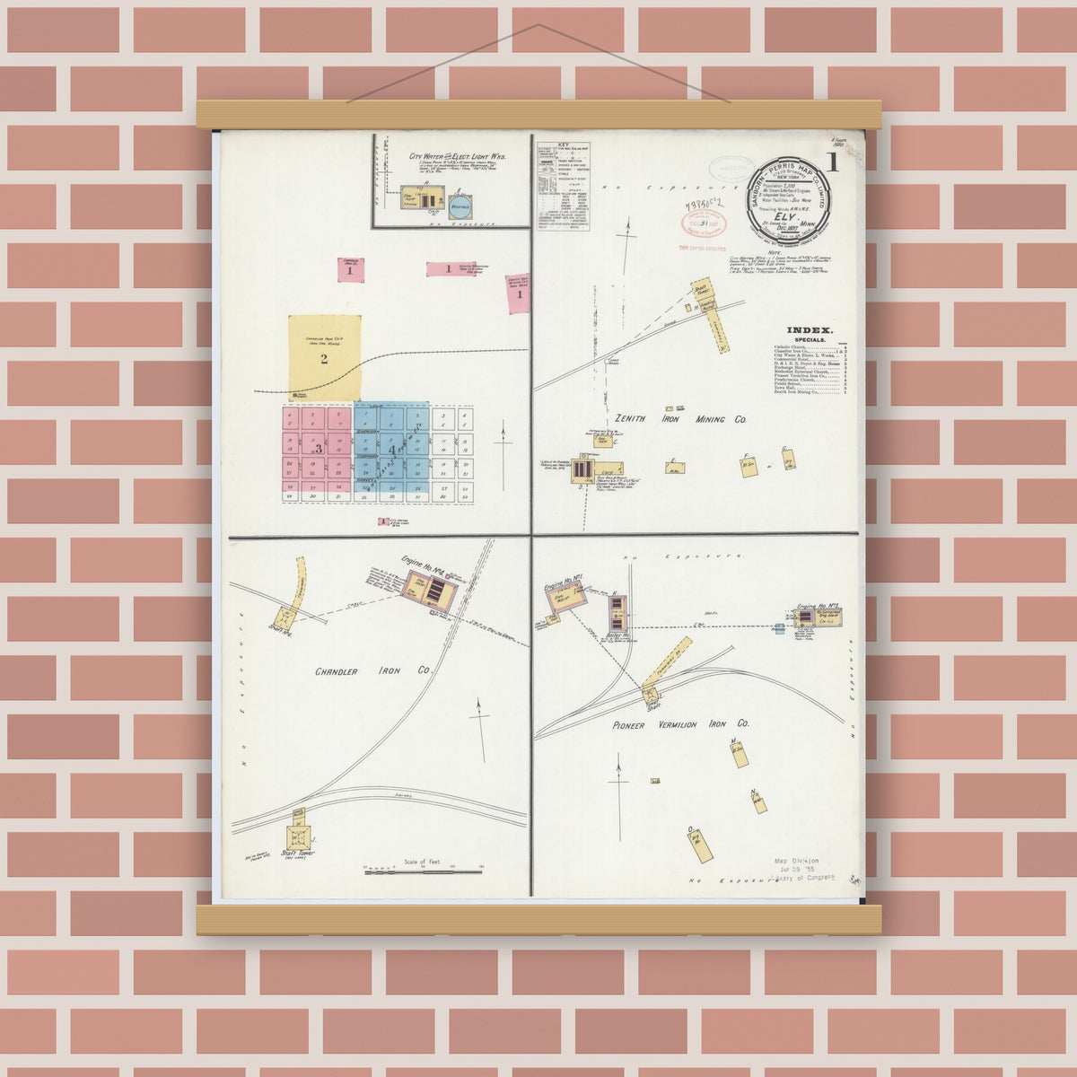 Old map wall art mockup — magnetic wood frame on brick wall — Sanborn Fire Insurance Map from Ely, Saint Louis County, Minnesota (1897), Sheet #0001