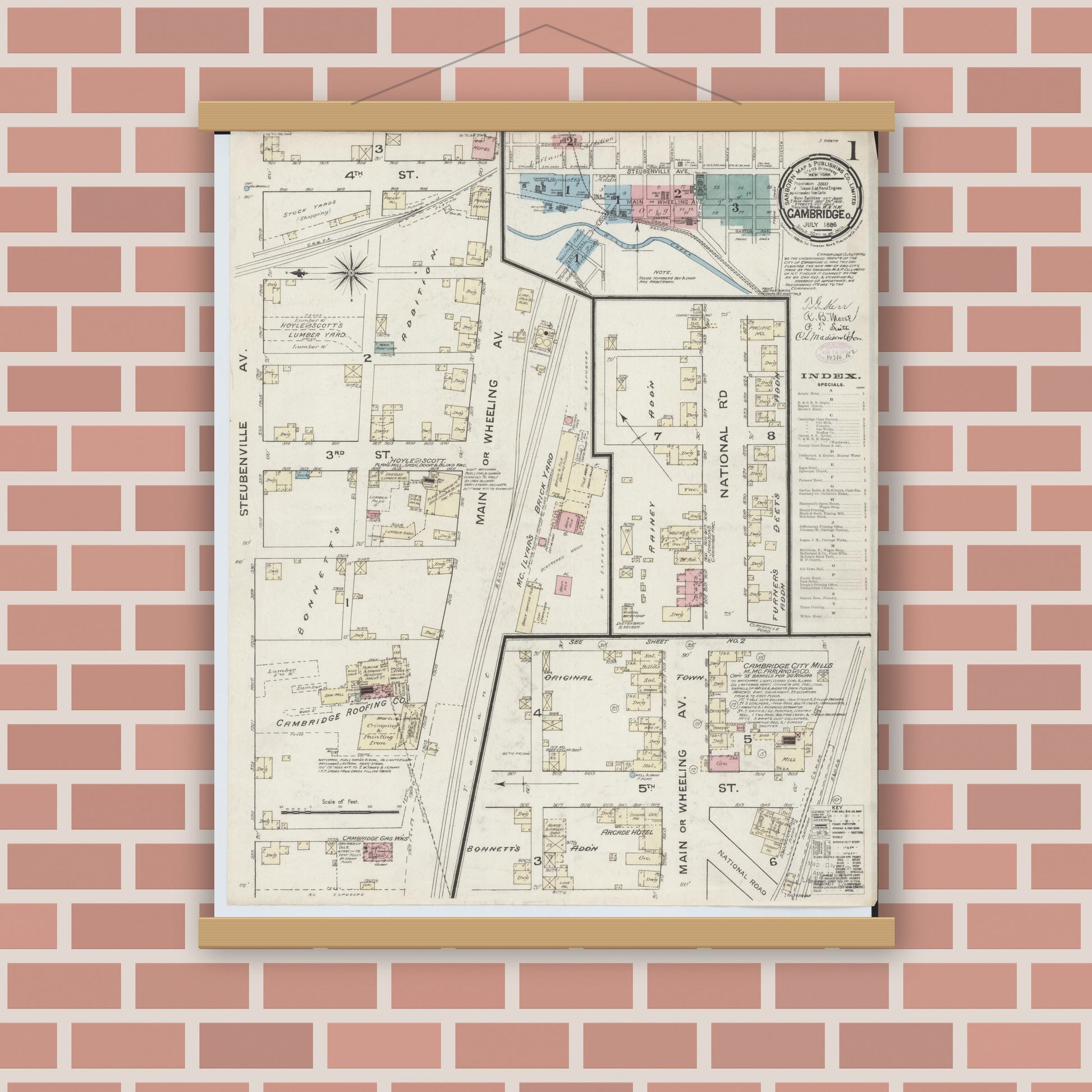 Old map wall art mockup — magnetic wood frame on brick wall — Sanborn Fire Insurance Map from Cambridge, Guernsey County, Ohio (1886) - Complete Map Set
