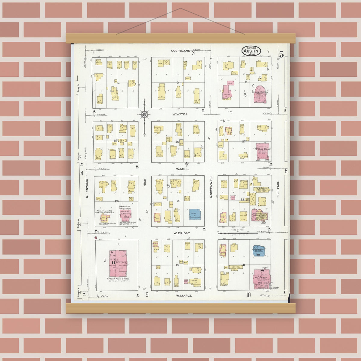 Old map wall art mockup — magnetic wood frame on brick wall — Sanborn Fire Insurance Map from Austin, Mower County, Minnesota (1917), Sheet #0005