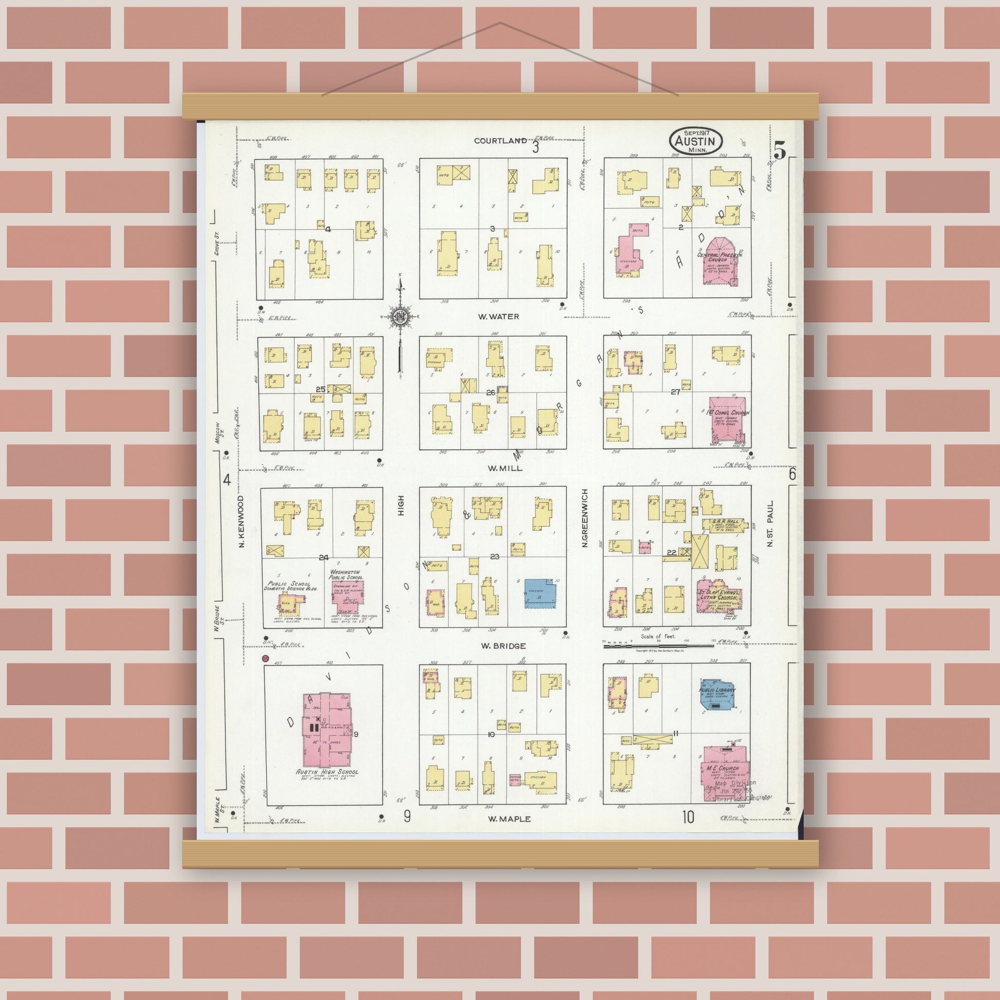 Old map wall art mockup — magnetic wood frame on brick wall — Sanborn Fire Insurance Map from Austin, Mower County, Minnesota (1917), Sheet #0005
