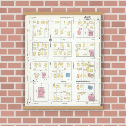 Old map wall art mockup — magnetic wood frame on brick wall — Sanborn Fire Insurance Map from Austin, Mower County, Minnesota (1917), Sheet #0005