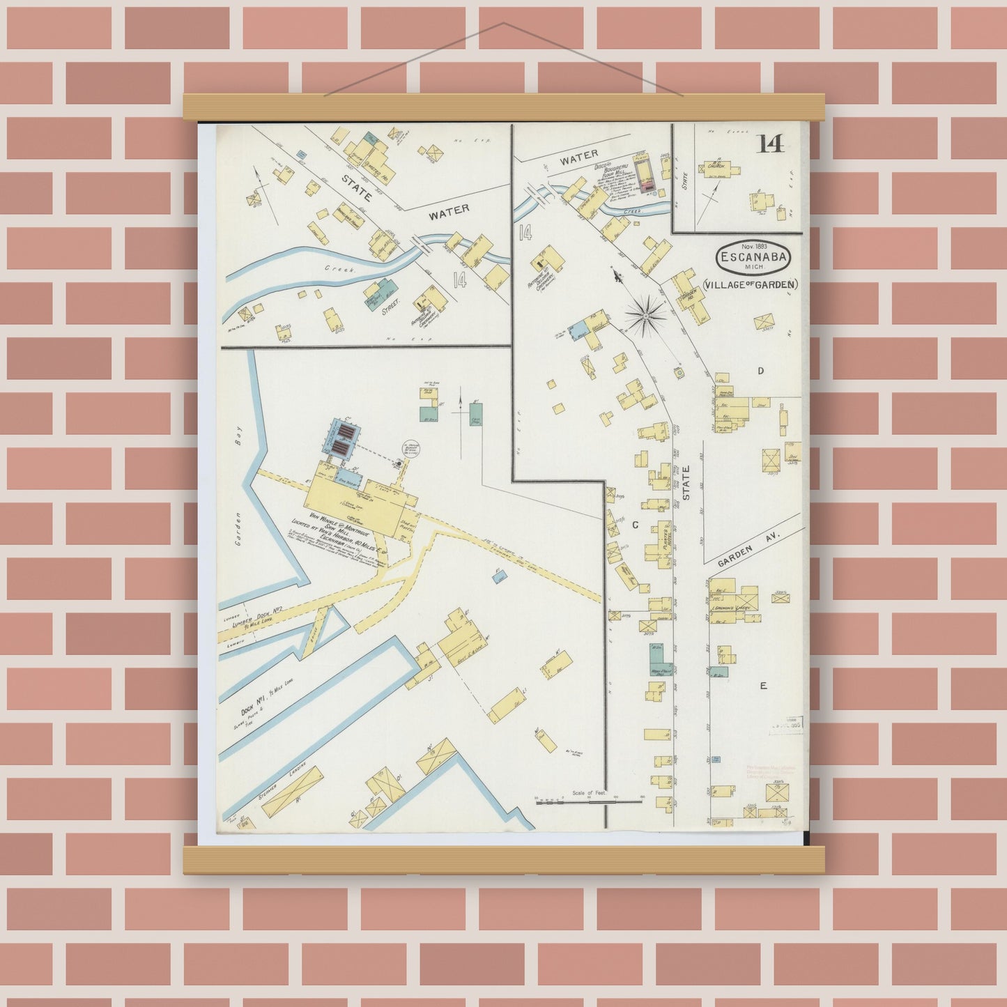 Old map wall art mockup — magnetic wood frame on brick wall — Sanborn Fire Insurance Map from Escanaba, Delta County, Michigan (1893), Sheet #0014