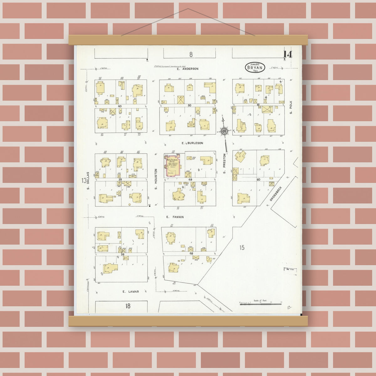 Old map wall art mockup — magnetic wood frame on brick wall — Sanborn Fire Insurance Map from Bryan, Brazos County, Texas (1912), Sheet #0014