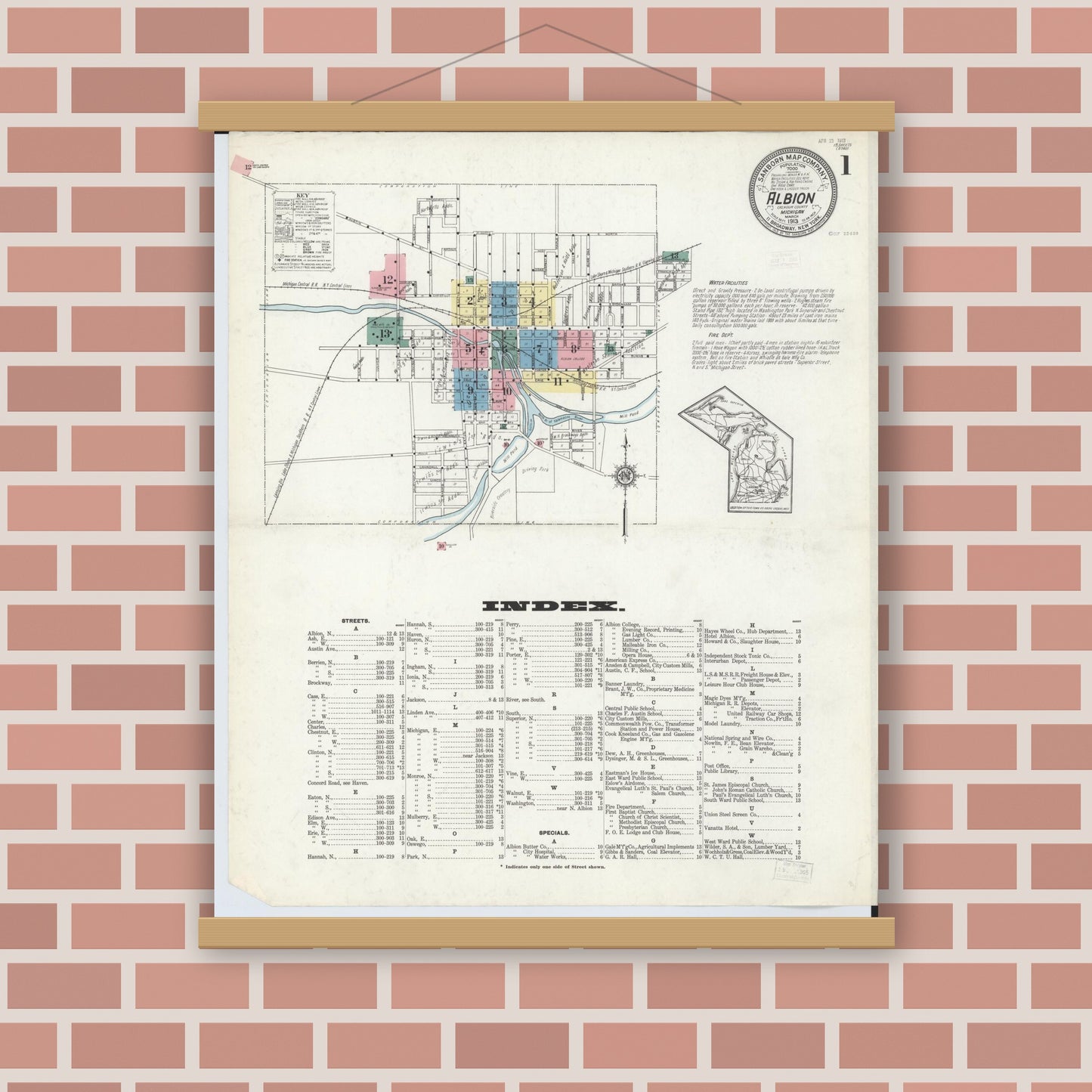 Old map wall art mockup — magnetic wood frame on brick wall — Sanborn Fire Insurance Map from Albion, Calhoun County, Michigan (1913) - Complete Map Set