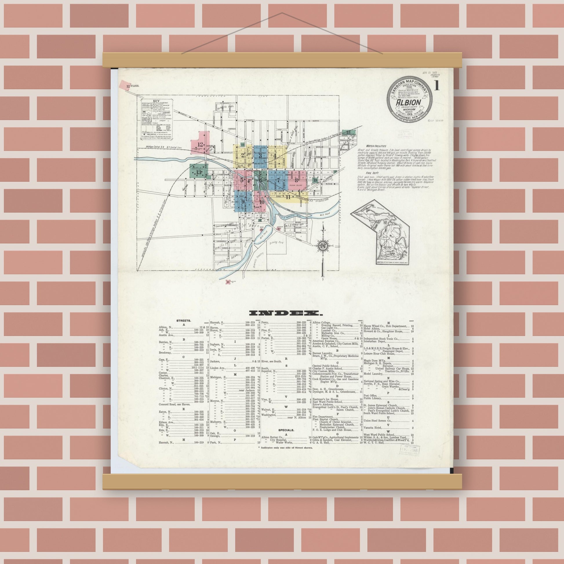 Old map wall art mockup — magnetic wood frame on brick wall — Sanborn Fire Insurance Map from Albion, Calhoun County, Michigan (1913) - Complete Map Set