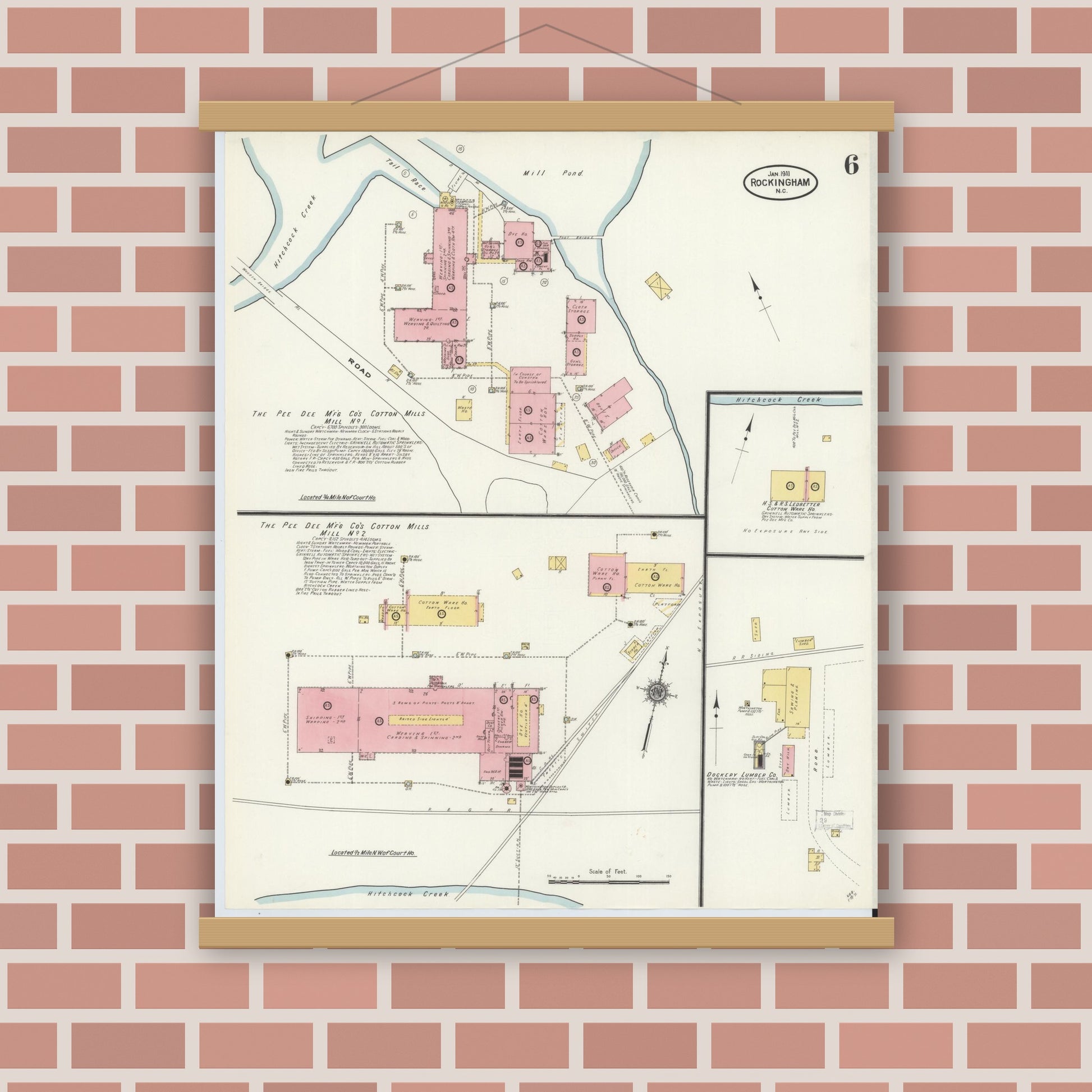 Old map wall art mockup — magnetic wood frame on brick wall — Sanborn Fire Insurance Map from Rockingham, Richmond County, North Carolina (1911), Sheet #0006