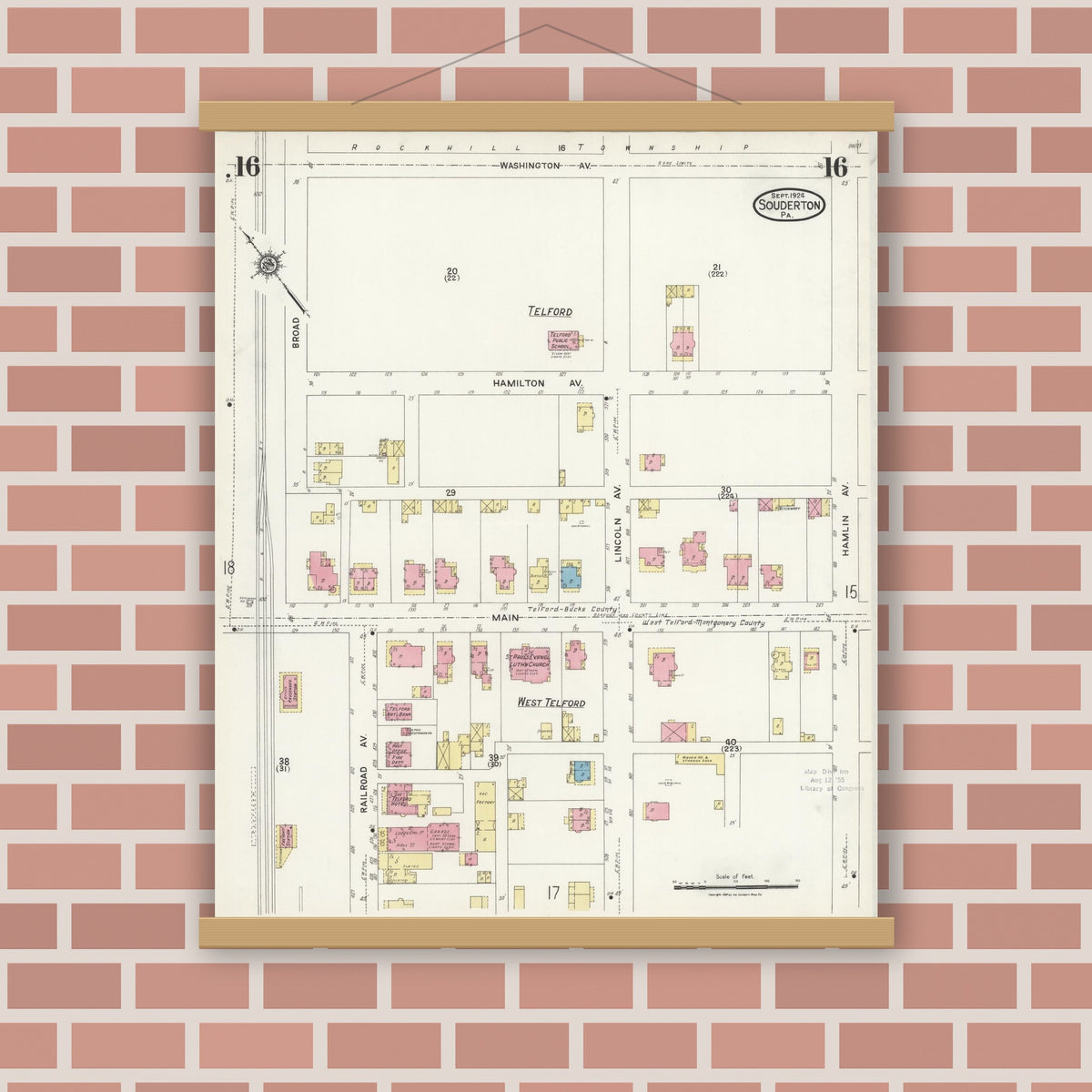 Old map wall art mockup — magnetic wood frame on brick wall — Sanborn Fire Insurance Map from Souderton, Montgomery County, Pennsylvania (1924), Sheet #0016