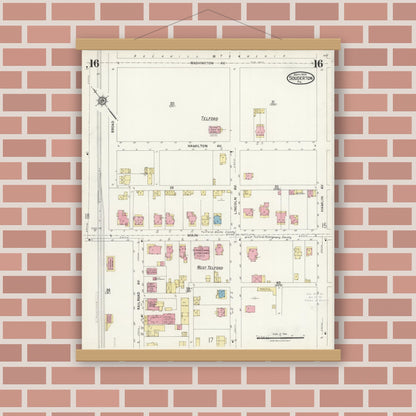 Old map wall art mockup — magnetic wood frame on brick wall — Sanborn Fire Insurance Map from Souderton, Montgomery County, Pennsylvania (1924), Sheet #0016
