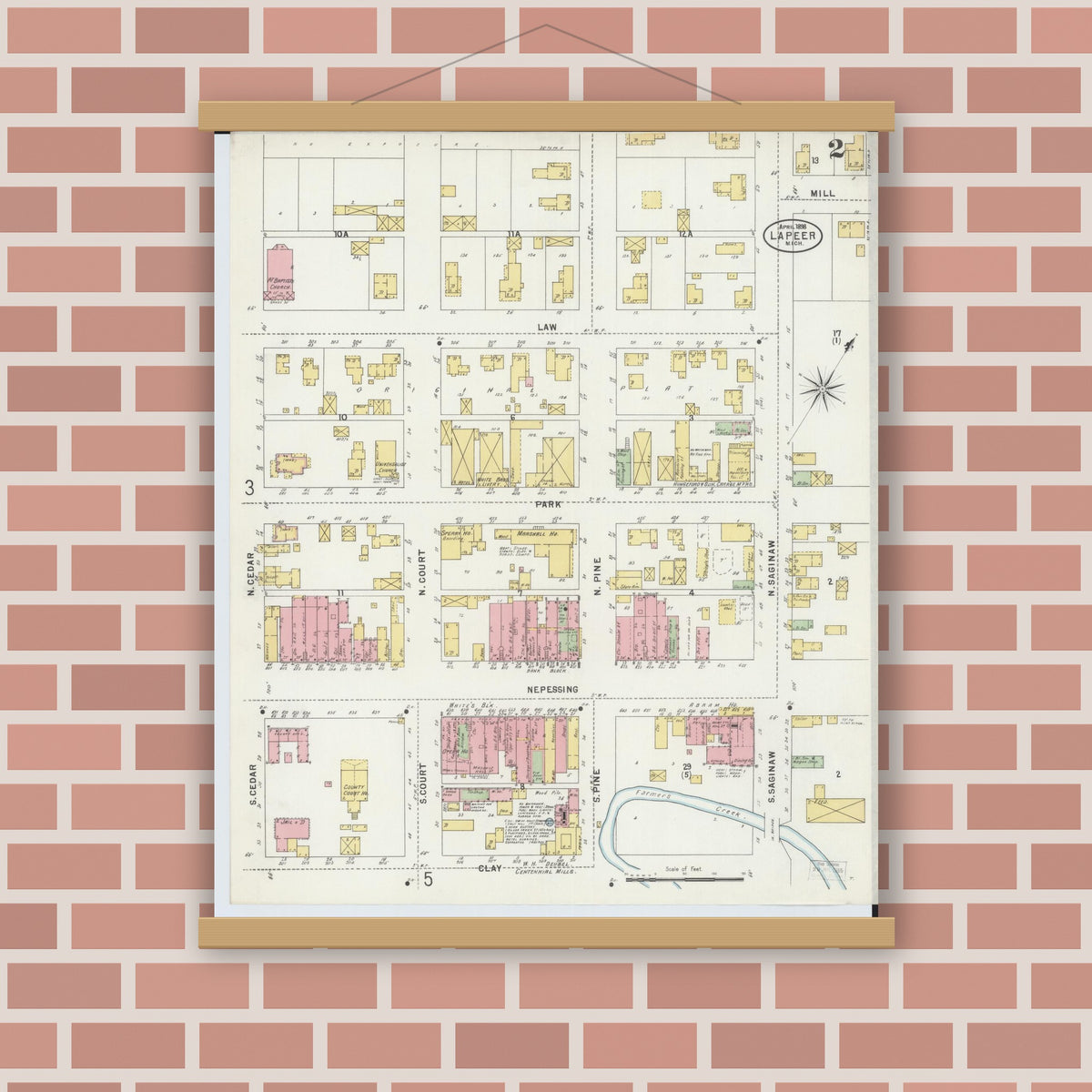 Old map wall art mockup — magnetic wood frame on brick wall — Sanborn Fire Insurance Map from Lapeer, Lapeer County, Michigan (1898), Sheet #0002