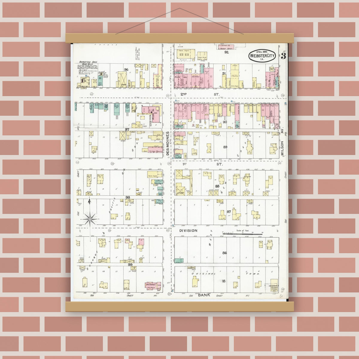 Old map wall art mockup — magnetic wood frame on brick wall — Sanborn Fire Insurance Map from Webster City, Hamilton County, Iowa (1892), Sheet #0003