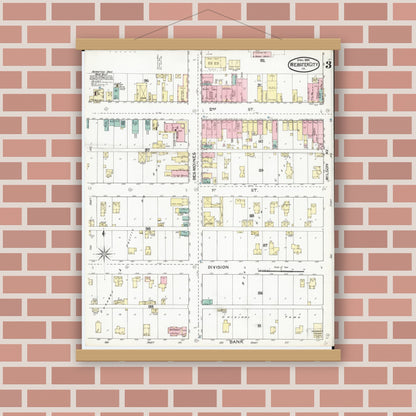 Old map wall art mockup — magnetic wood frame on brick wall — Sanborn Fire Insurance Map from Webster City, Hamilton County, Iowa (1892), Sheet #0003