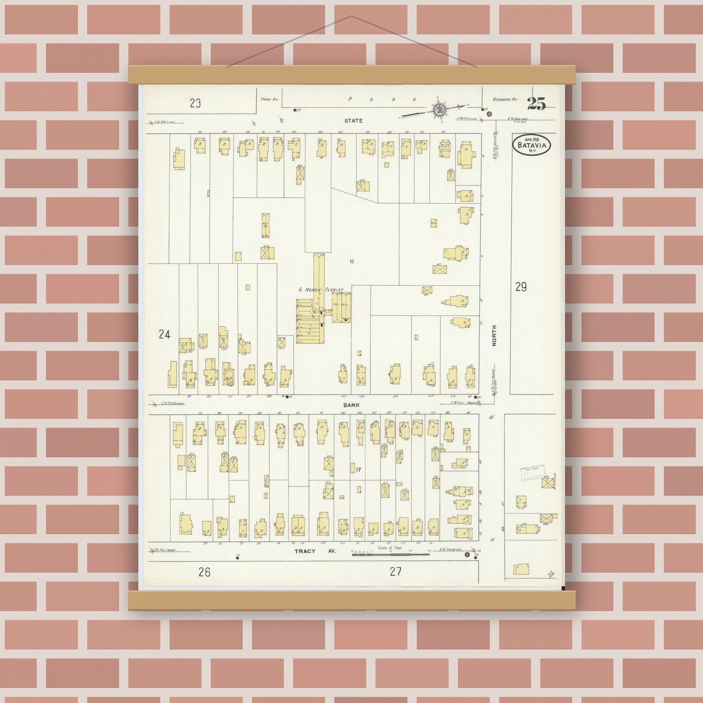 Old map wall art mockup — magnetic wood frame on brick wall — Sanborn Fire Insurance Map from Batavia, Genesee County, New York (1912), Sheet #0025