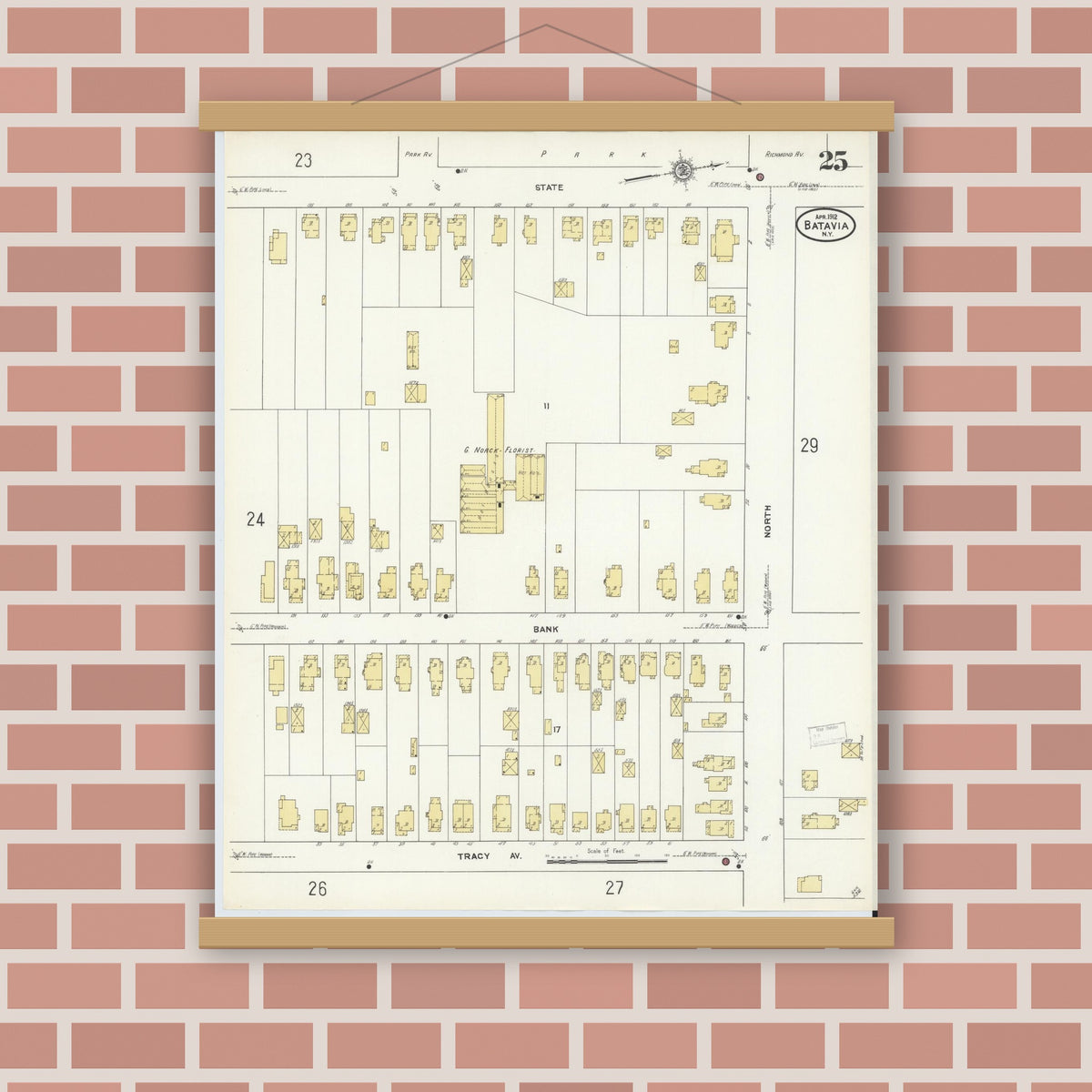 Old map wall art mockup — magnetic wood frame on brick wall — Sanborn Fire Insurance Map from Batavia, Genesee County, New York (1912), Sheet #0025