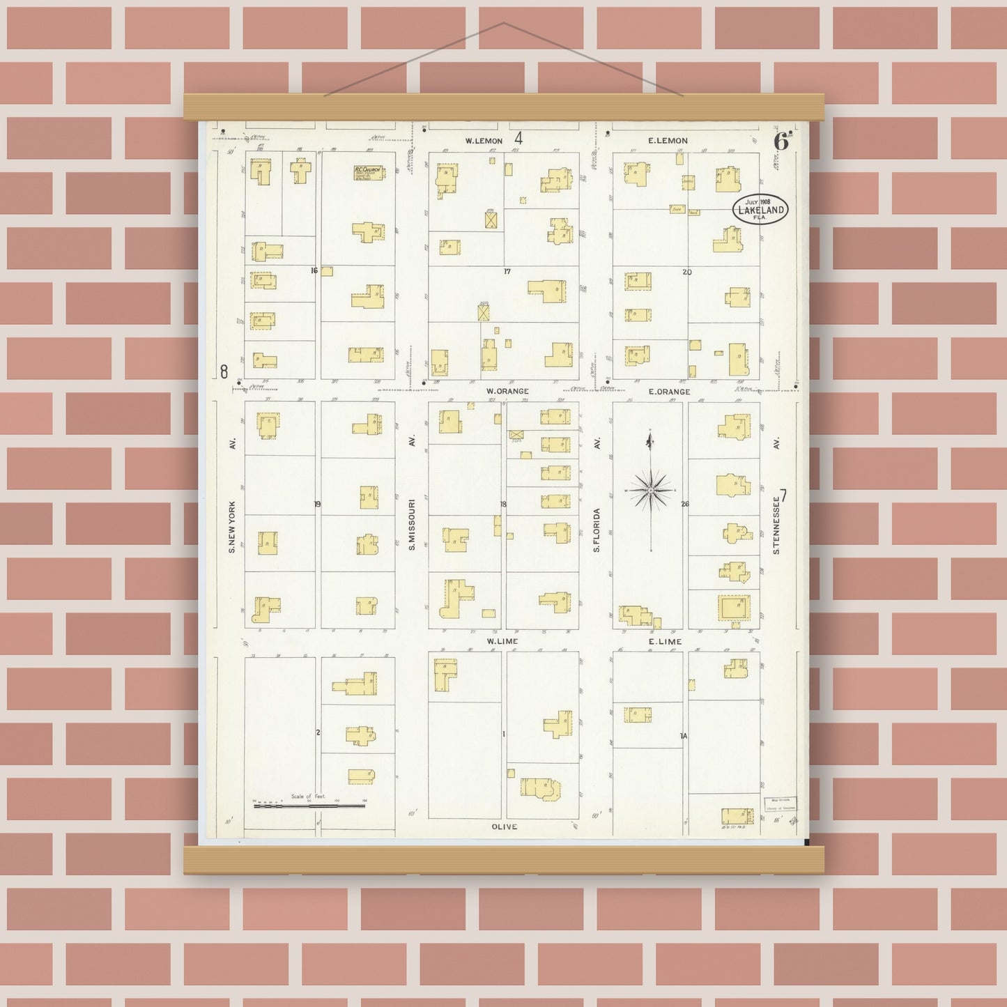 Old map wall art mockup — magnetic wood frame on brick wall — Sanborn Fire Insurance Map from Lakeland, Polk County, Florida (1908), Sheet #0006
