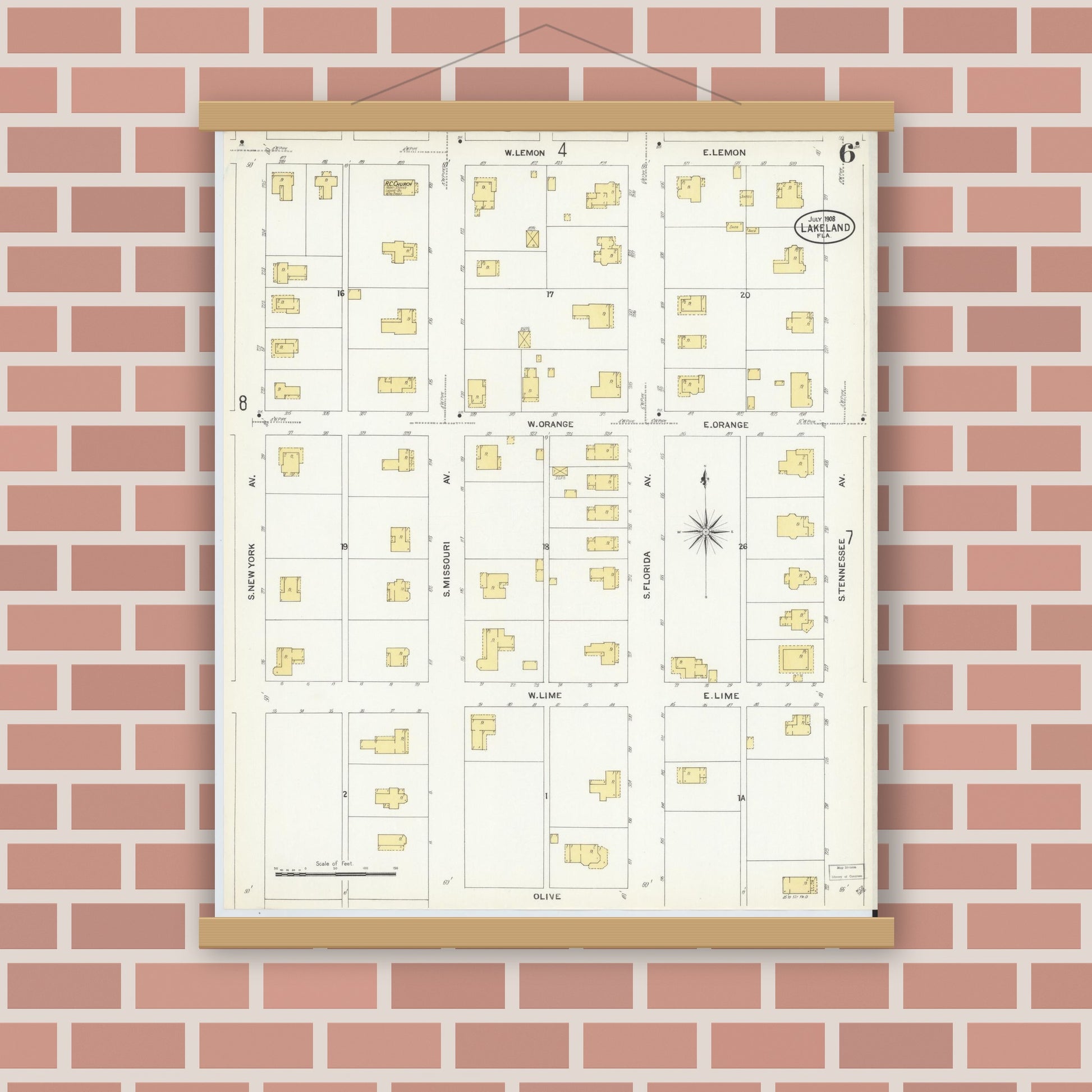 Old map wall art mockup — magnetic wood frame on brick wall — Sanborn Fire Insurance Map from Lakeland, Polk County, Florida (1908), Sheet #0006