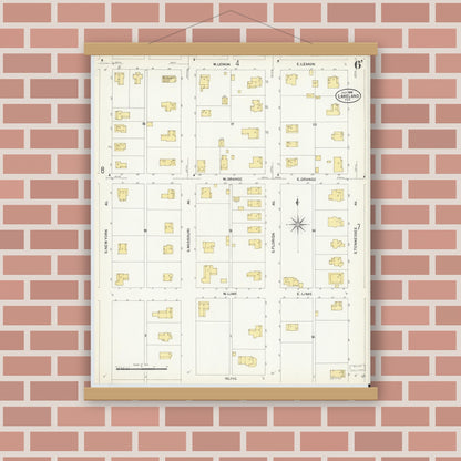 Old map wall art mockup — magnetic wood frame on brick wall — Sanborn Fire Insurance Map from Lakeland, Polk County, Florida (1908), Sheet #0006