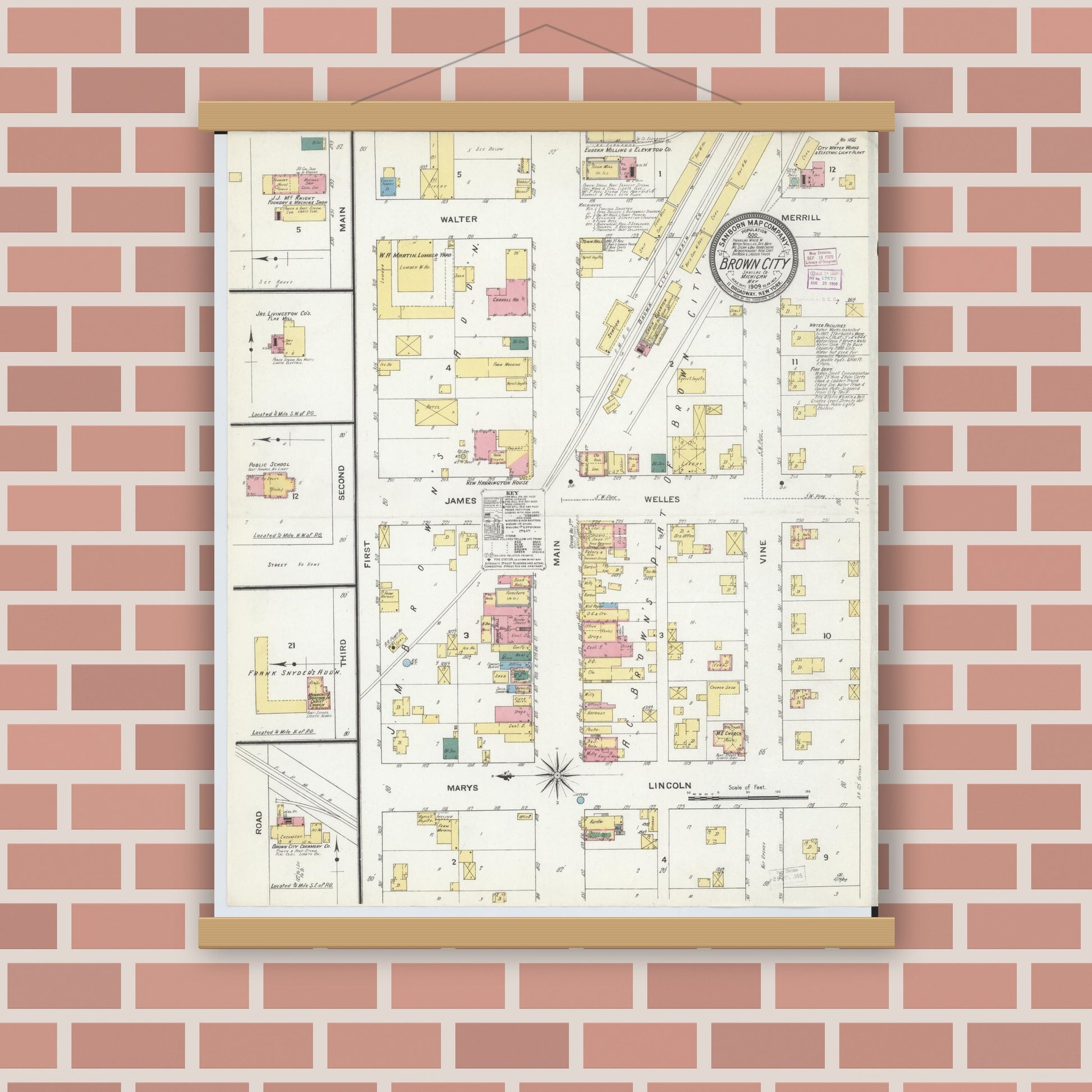 Old map wall art mockup — magnetic wood frame on brick wall — Sanborn Fire Insurance Map from Brown City, Sanilac County, Michigan (1909), Sheet #0001
